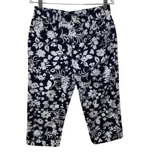 Chaps Floral High Waisted Straight Leg Crop Capri‎ Pants Navy Blue Hawaiian 10